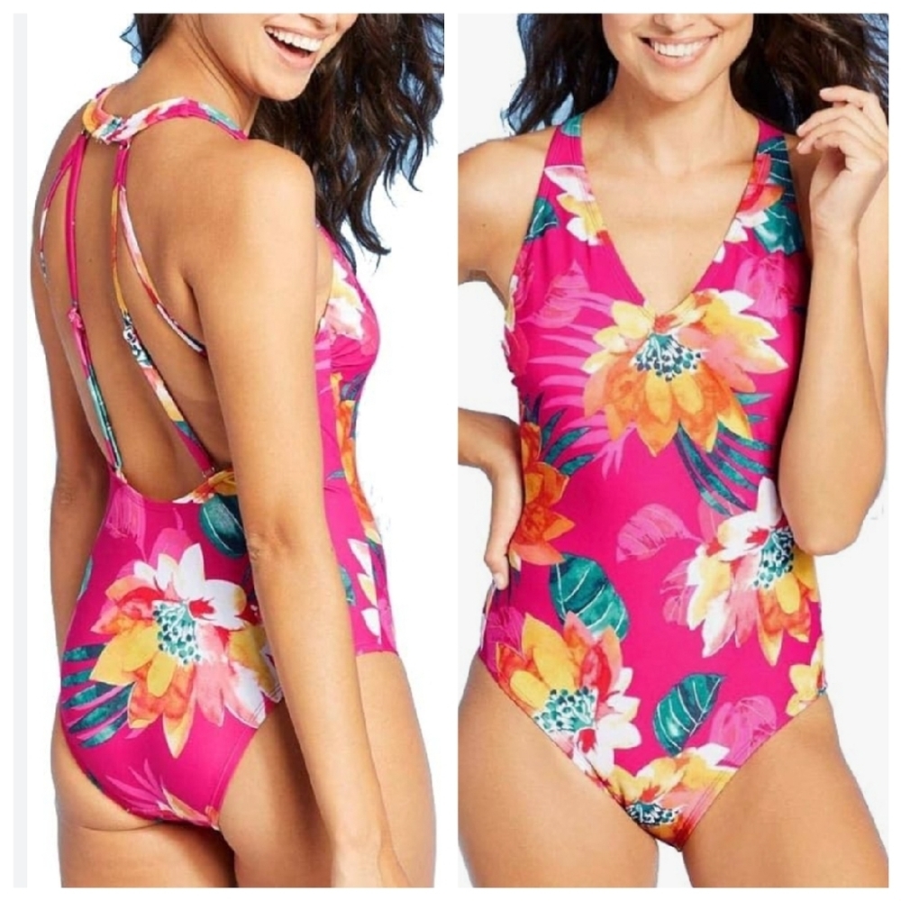 NWT‎ Kona Sol Pink floral strappy one peice swimsuit.  Size medium